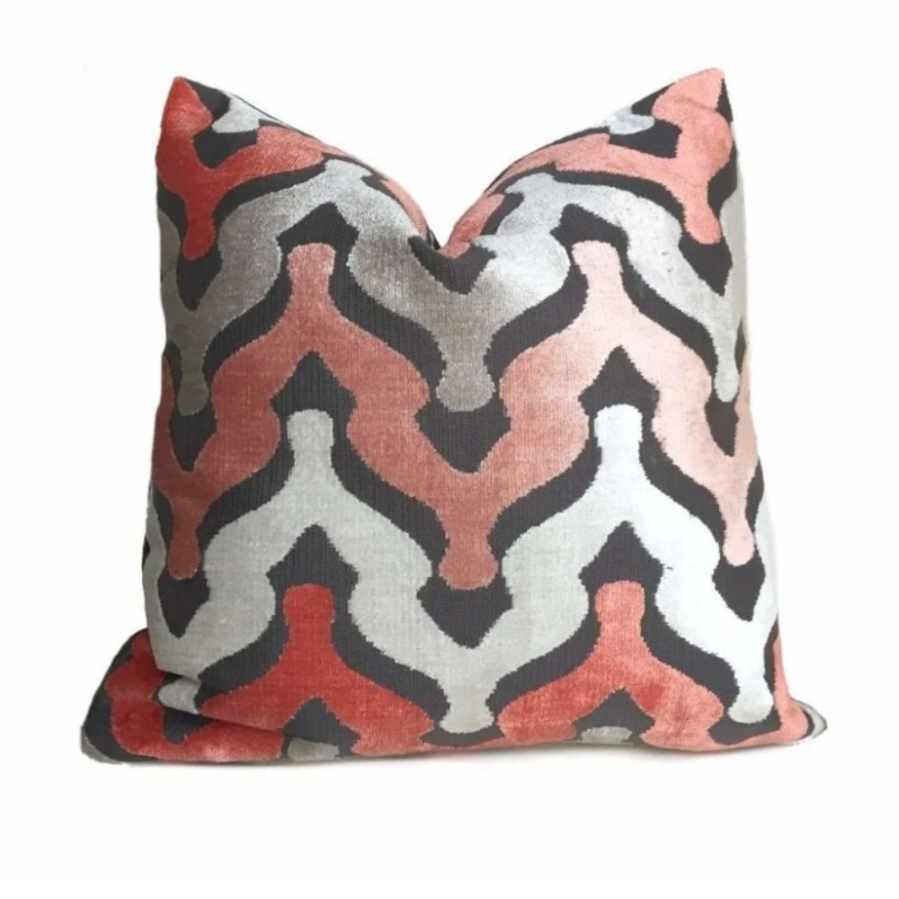 Leicester chevron pattern cut velvet pillow cover dark gray ivory coral 19 x 19”